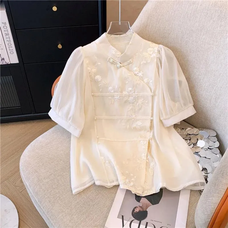 Women's Blouses Chiffon Shirts Embroidery Chinese Style Summer Fashion Clothing Loose Short Sleeve Women Tops YCMYUNYAN