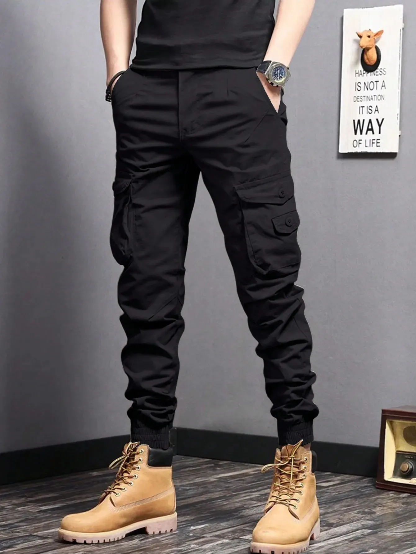 Casual Side Flap Pockets Workwear Tapered Cargo Pants for