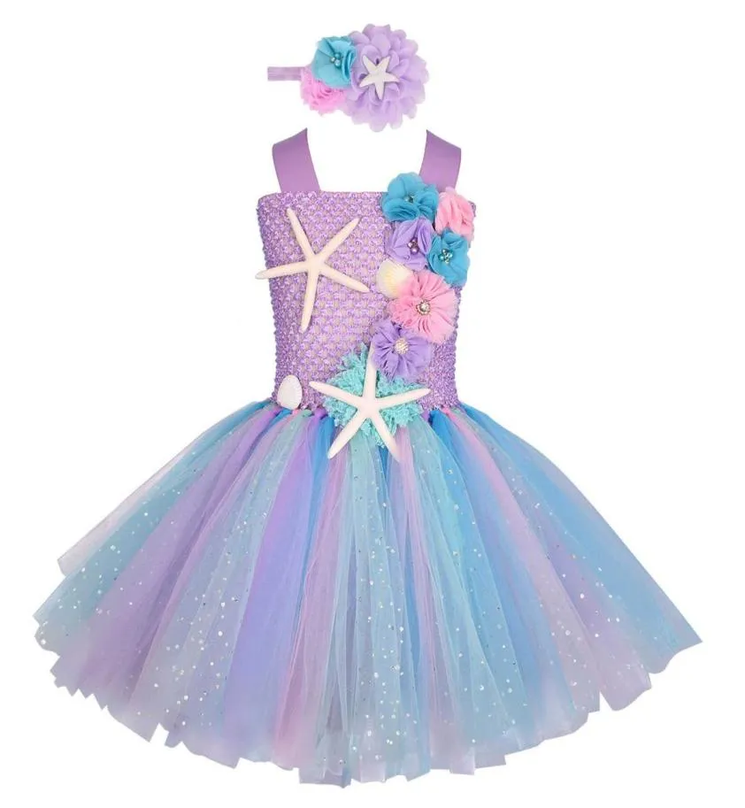 Girls Pastel Mermaid Tutu Dress Under the Sea Theme Birthday Party Costume with Flower Headband Ocean Flower Dresses 112Y Q07169214054