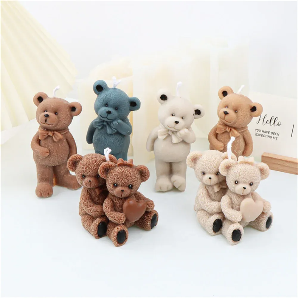 Cute Bear Silicone Candle Mold DIY Hug Heart Couple Bear Scented Candle Making Resin Soap Cake Mold Gifts Craft Home Decoration