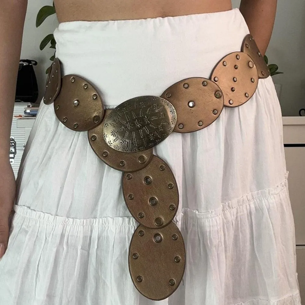 Wide Vintage Disc Belt Adjustable Round Hollow PU Metal  display picture 1