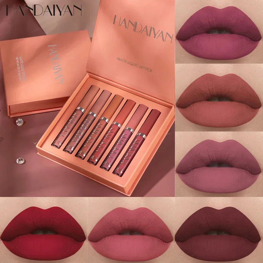 Prezent Handaiyan 6psset Matte Velvet Lip Gloss Wodoodporny, długotrwała płynna szminka kosmetyczna piękno Keep 24 godziny makijażu 240410