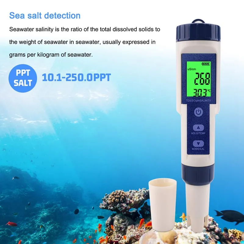 Test de la salinité de pH étanche du pH Test de température TDS avec rétro-éclairage pour boire de l'hydroponie d'aquarium