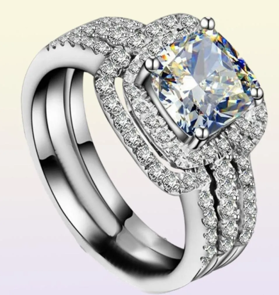 choucong Cushion cut 8mm Stone Diamond 10KT White Gold Filled 3in1 Engagement Wedding Ring Set Size 511 Gift2146942