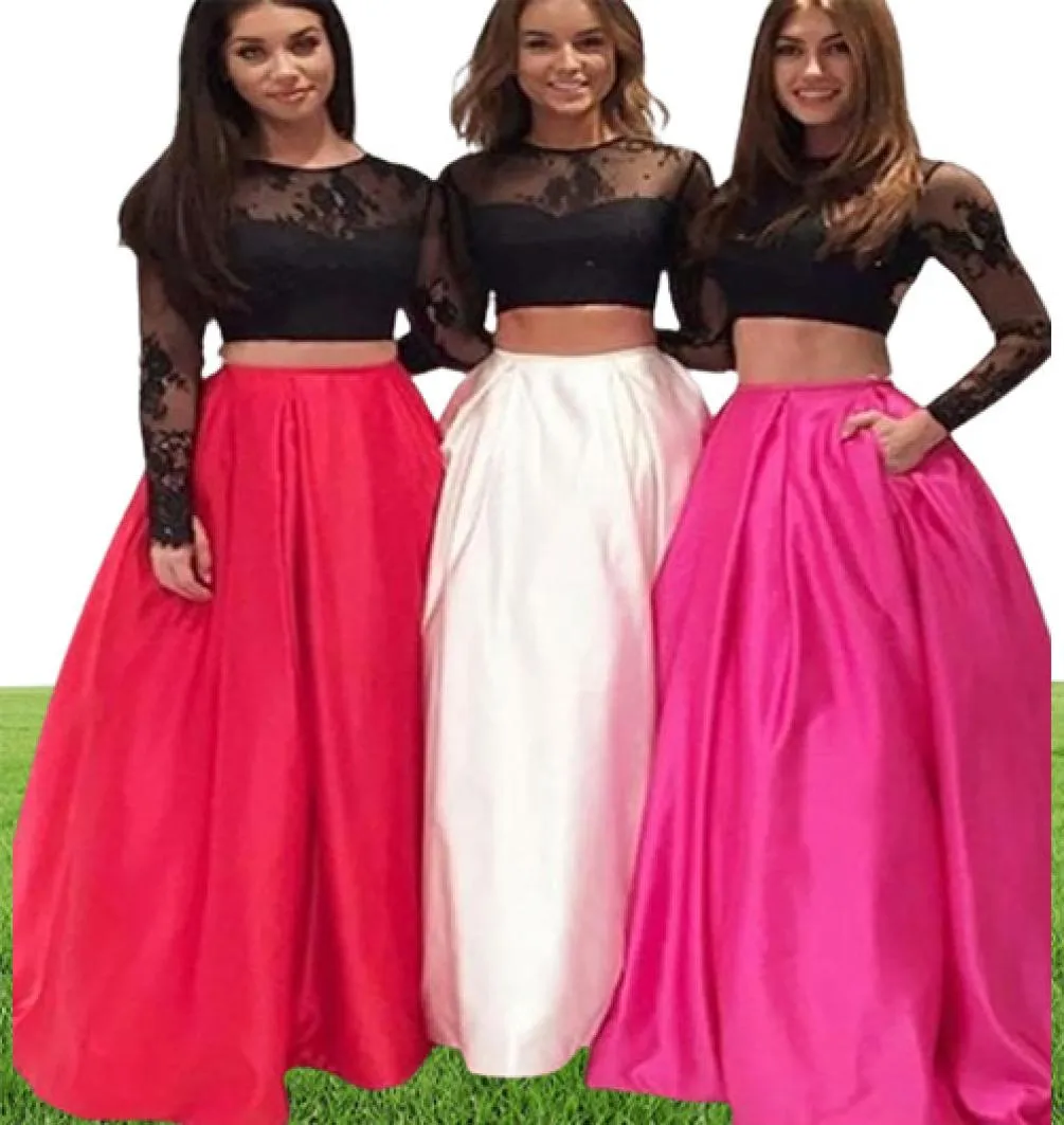 New Red Evening Gown ALine Two Piece Prom Dress with Pockets Round Neck Open Back Black Lace Long Sleeves Prom Dresses Long4117770