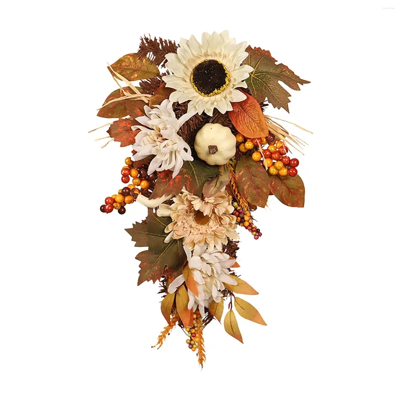 Decoratieve bloemen herfst kransen deur kleine pompoenmuurfamilie thanksgiving vrolijk kerstfeest verlicht bordraam