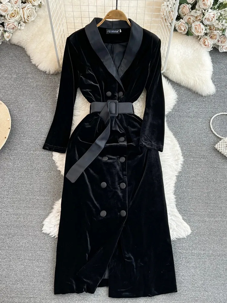 Aibeautyers Women's A-Line Chiffon Velvet Midi Dress with Thin Buttons, Open Collar, and Double Chest - Perfect for Spring and Summer (240904)