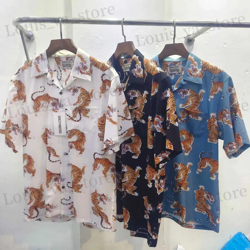 Herr t-shirts nya Wacko Maria 23SS Casual Loose Hawaiian Tiger Full Series AOP Short Slve Par Shirts Top Ts T240411