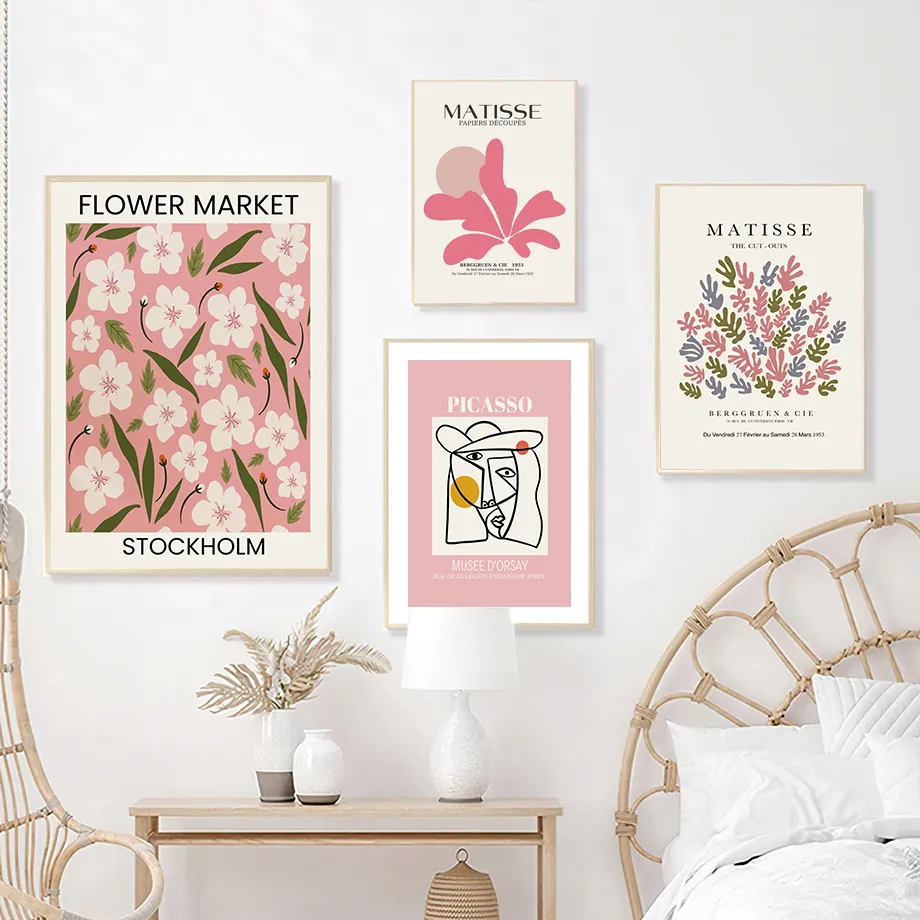 Pink Blumenmarkt William Morris Picasso Line Poster und Drucke Wandkunst Leinwand Malerei für Wohnzimmer Home Dekoration