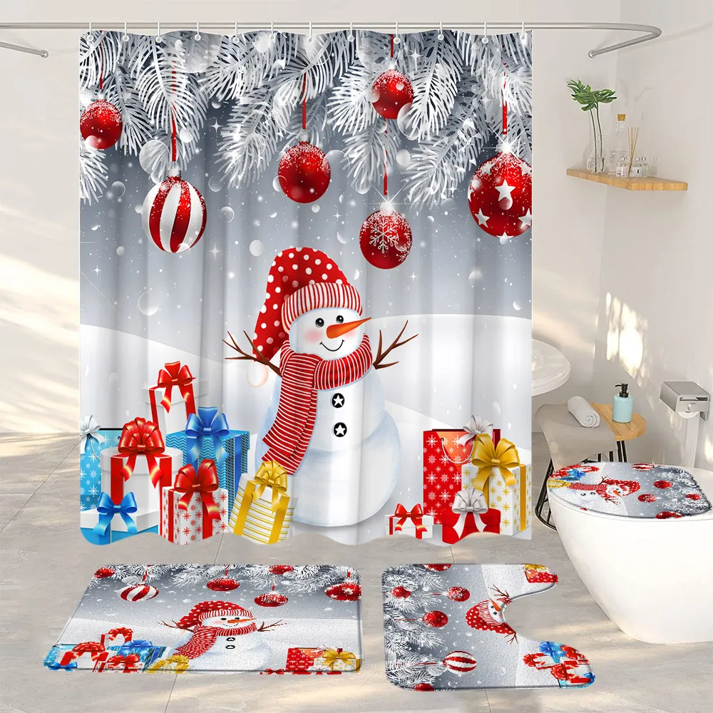 Julduschdraperi Set Happy Santa Claus Reindeer Sleigh Fabric Badrum Dekor Anti Slip Bath Mat Golvmatta Toalettskydd