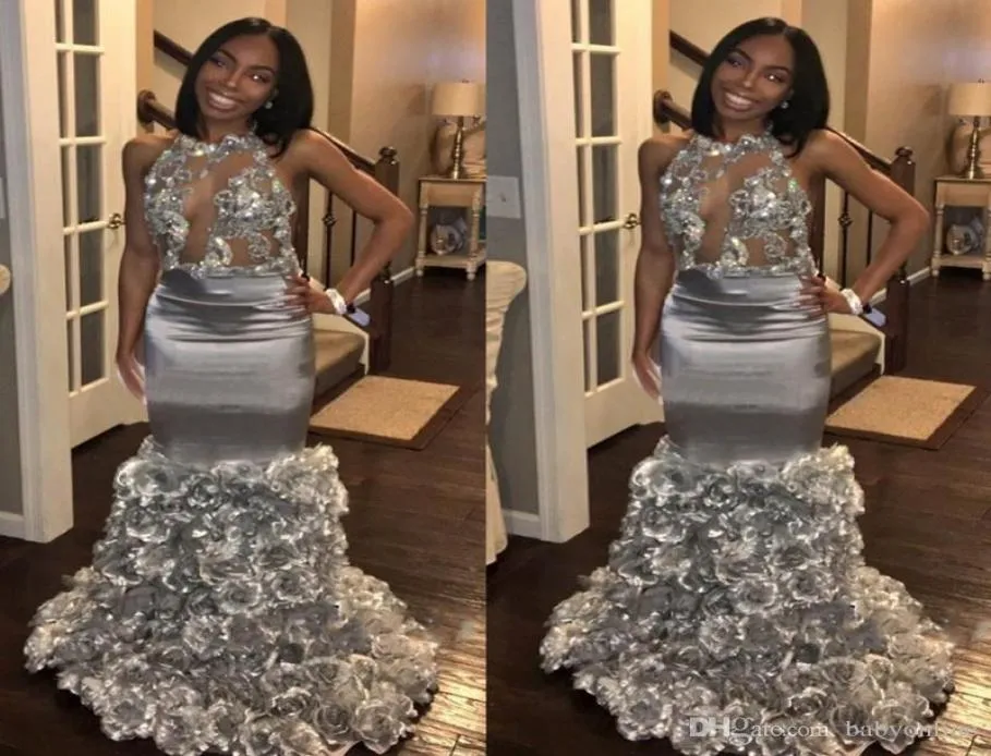 Sexy Black Girls Prom Dresses Mermaid Silver Formal Evening Gowns 3D Floral Skirt Bling Bling Lace Sequins African Party Gowns9534461
