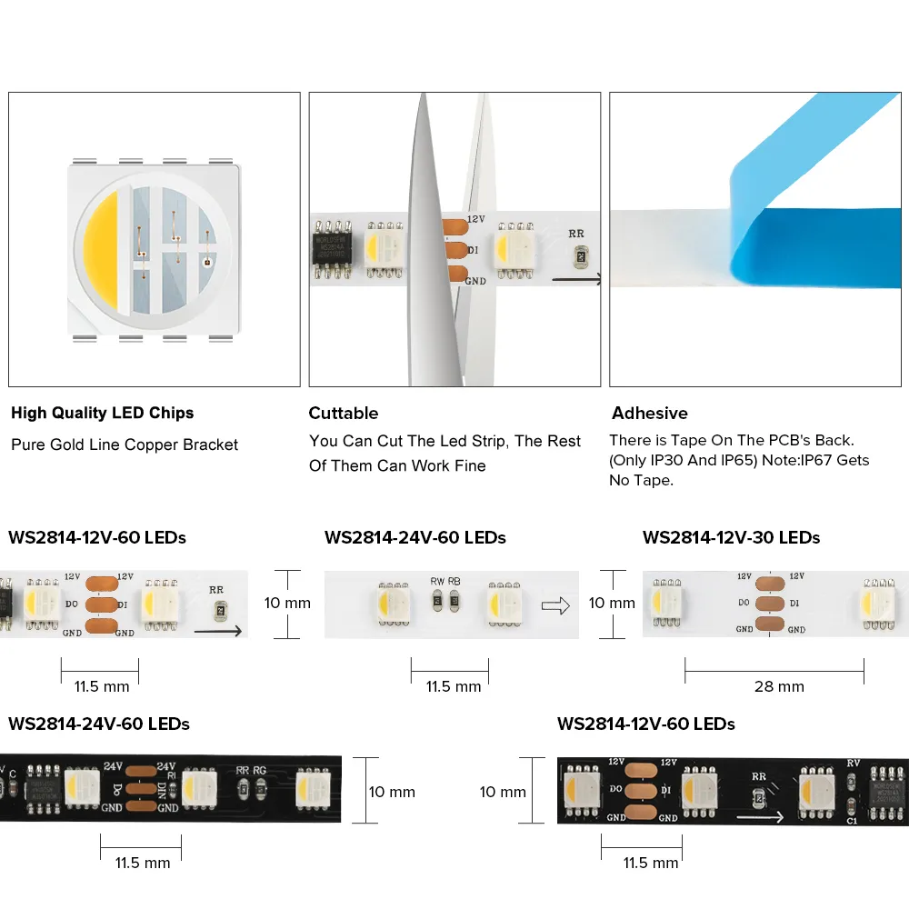 Addressable RGBW LED Strip Lights - 12V/24V WS2814 4-in-1, 5050 SMD, 3 ...
