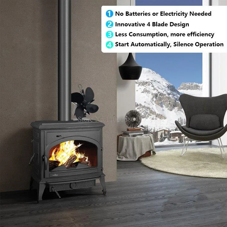 4/5/6 Blade Heat Powered Stove Fan Black Mini Fireplace Fan Heating Fan Electric Fireplace Wood Heater Unpowered Fan Winter Warm