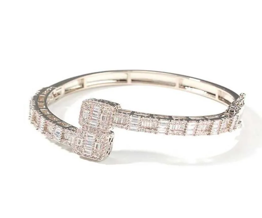 14K Gold Plated Diamond Baguette Bangle Armband Öppningsstorlek Cubic Zirconia Hiphop smycken för män Kvinnor Gift6595376