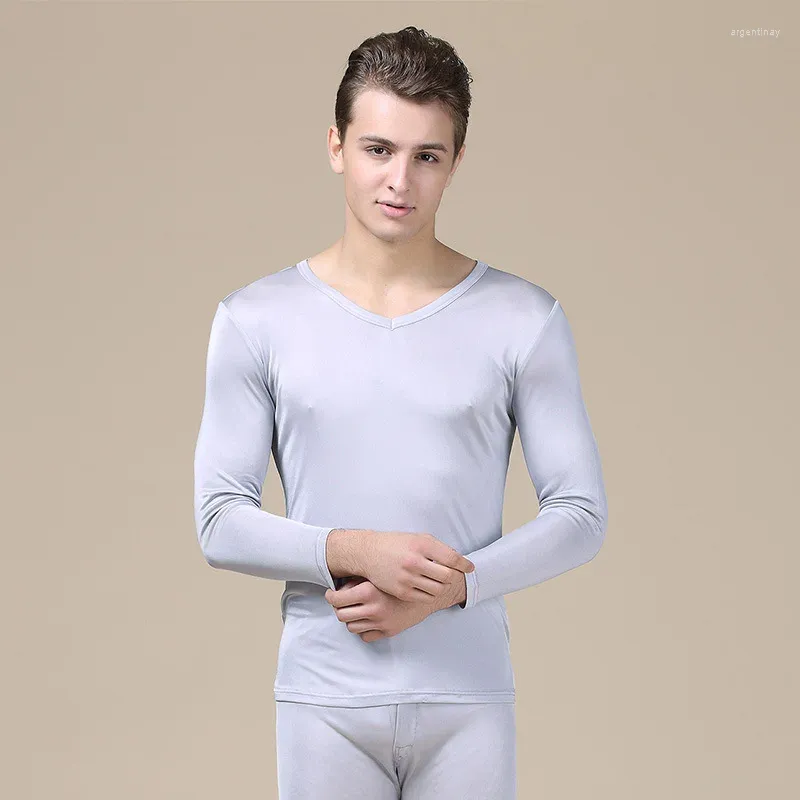 Sous-vêtements thermiques masculins solides en V Silk Double ensembles de tricot et pantalon 9805