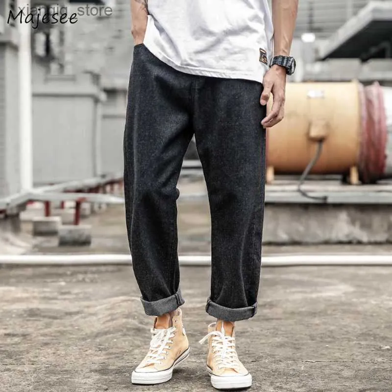 Men's Jeans Men Jeans Straight Solid Low Waist Teenagers Harajuku Leisure Retro Loose Trousers All-match Baggy Denim Ankle Length Fashion L49