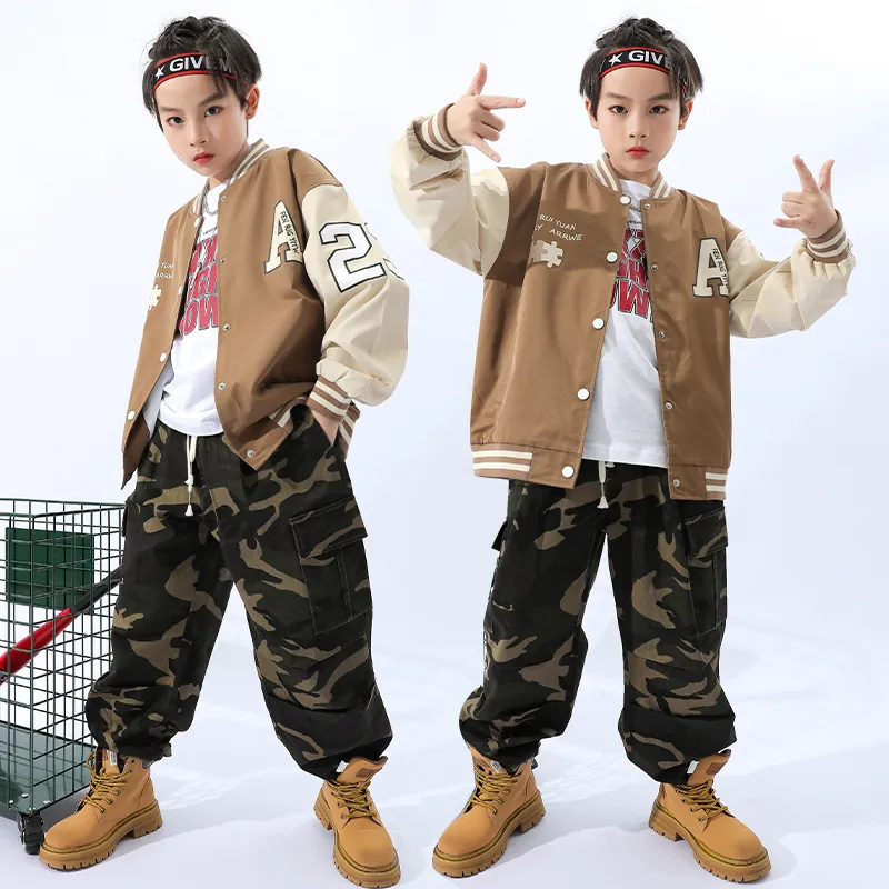 Teen Boys Ballroom Streetwear Tenues Hip Hop Vêtements Brown Baseball Jacket Pantals Camo pour enfants