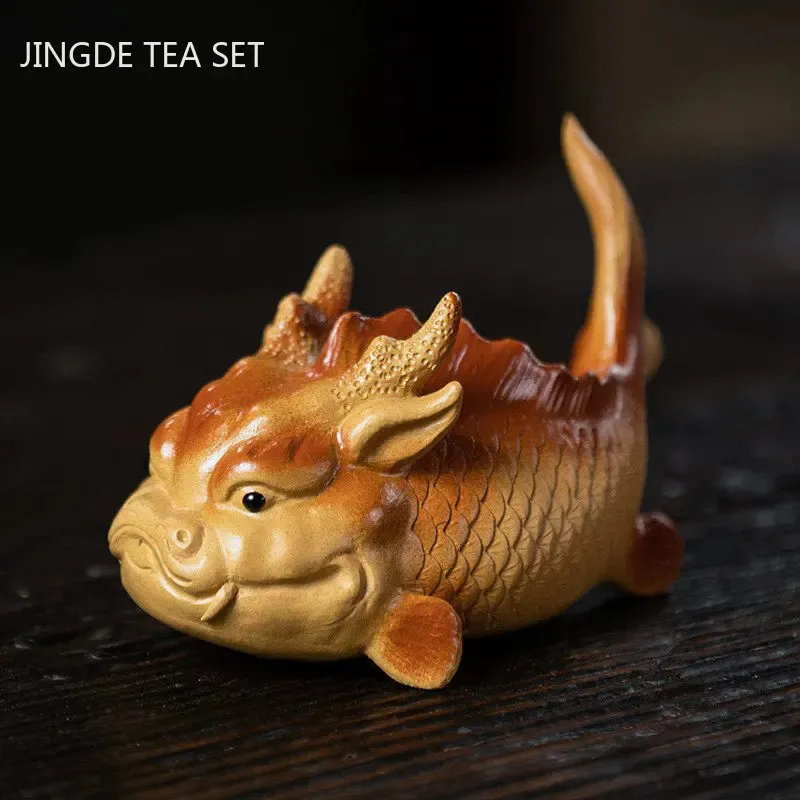 1pc Yixing Purple Sand Tea Pet Creative Fish Dragon Ornaments Set Accessories Handmade Sculpture Table Decoration 240411