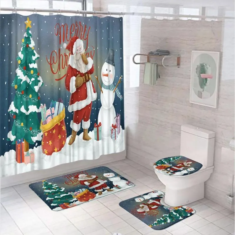 Shower Curtains Christmas Santa Claus Snowmen Waterproof Curtain Non-Slip Rug Toilet Lid Cover Bath Mat Bathroom Decor Xmas Accessory Set