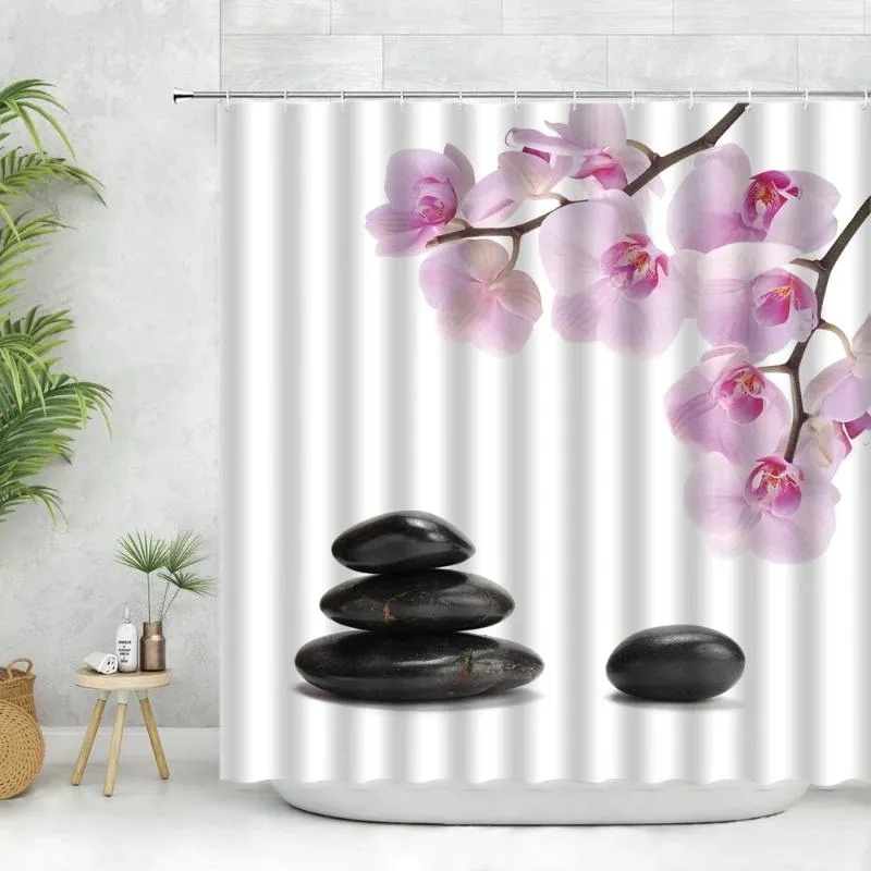 Rideaux de douche orchidées zen en pierre de rideau ensembles ensembles phalaenopsis fleur floral spa tissu mural décor de salle de bain tissu polyester tissu