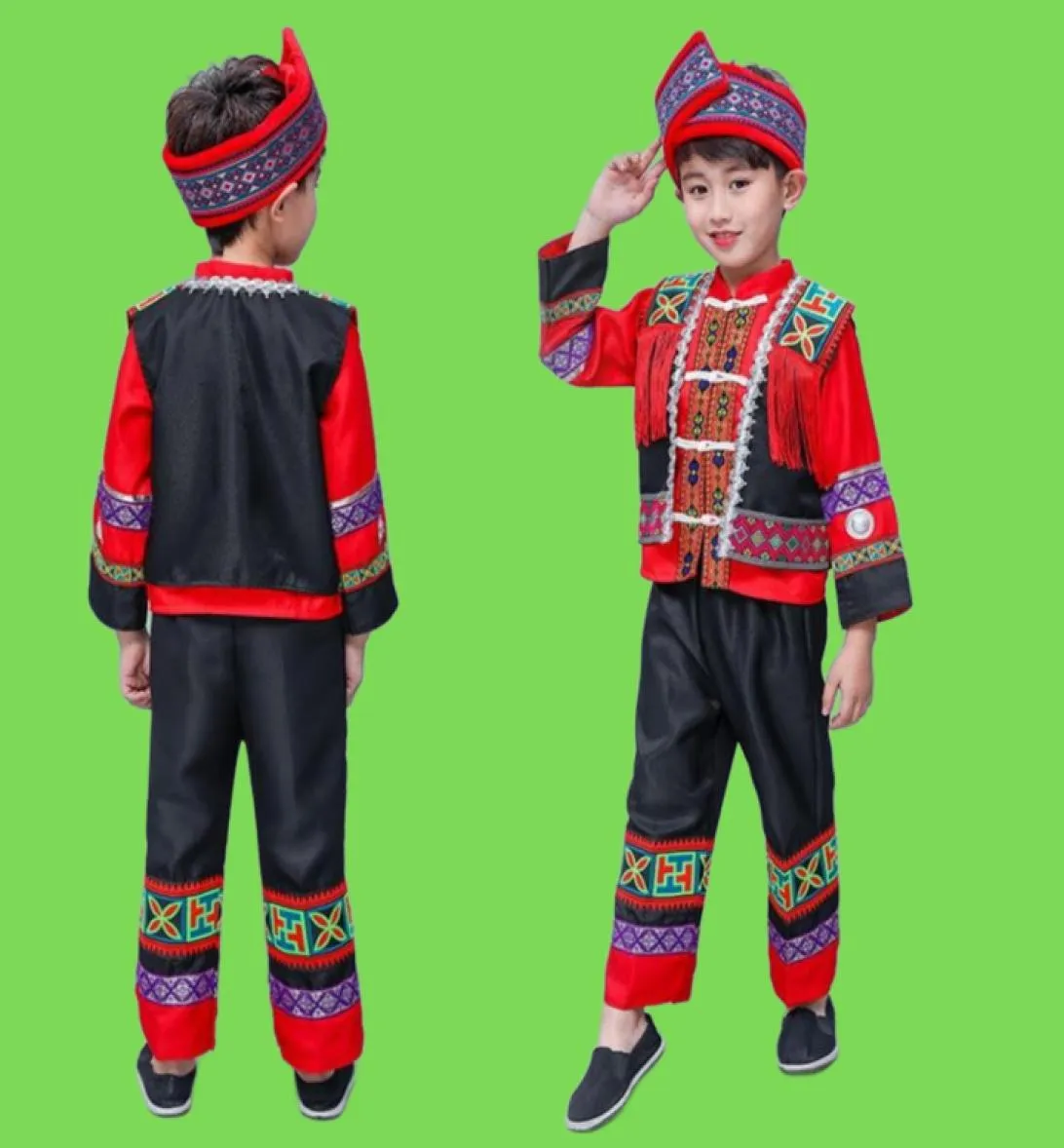 مرحلة ارتداء الأطفال الصينية الصينية Hmong Miao Costume Boys Print Folk Hanfu Dress Dress Setting Performance Performance Festival Performance Wers4515712