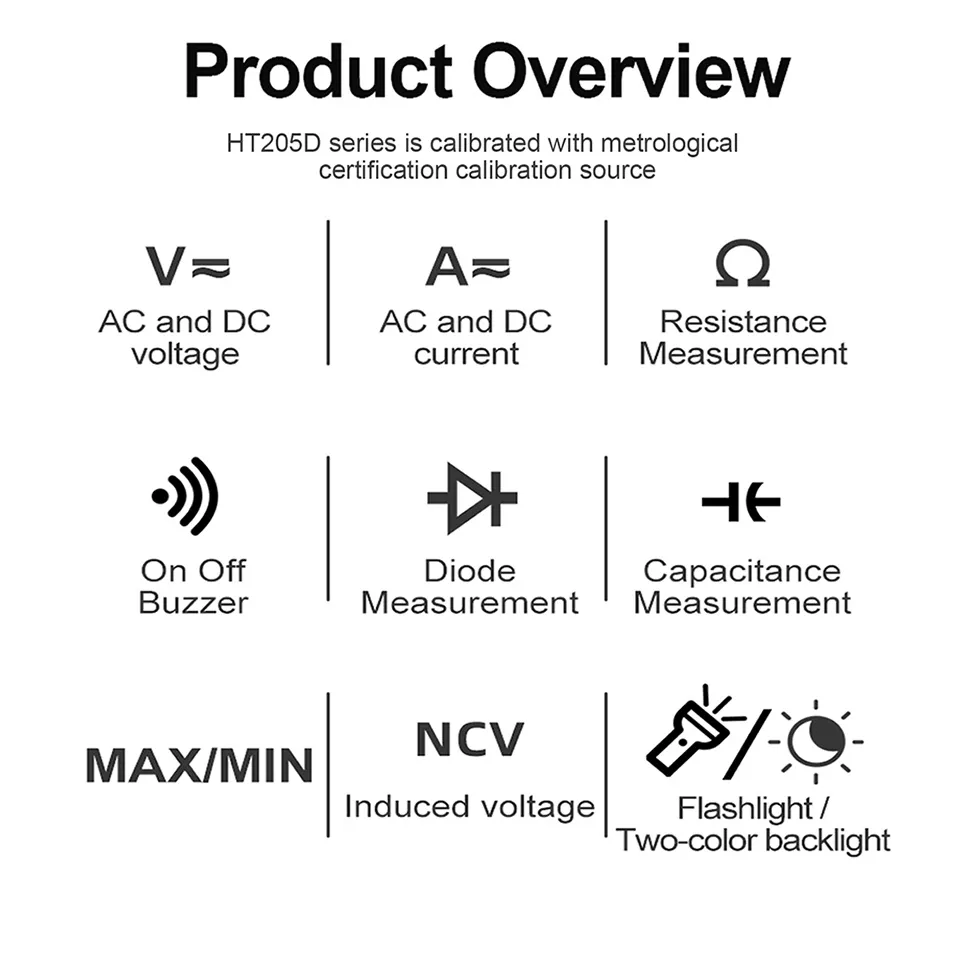 HT205 Digitale klemmeter Multimeter Autometer Autometer True RMS NCV DC AC -spanning Instroomstroom Temperatuurtester Automatische voltmeter