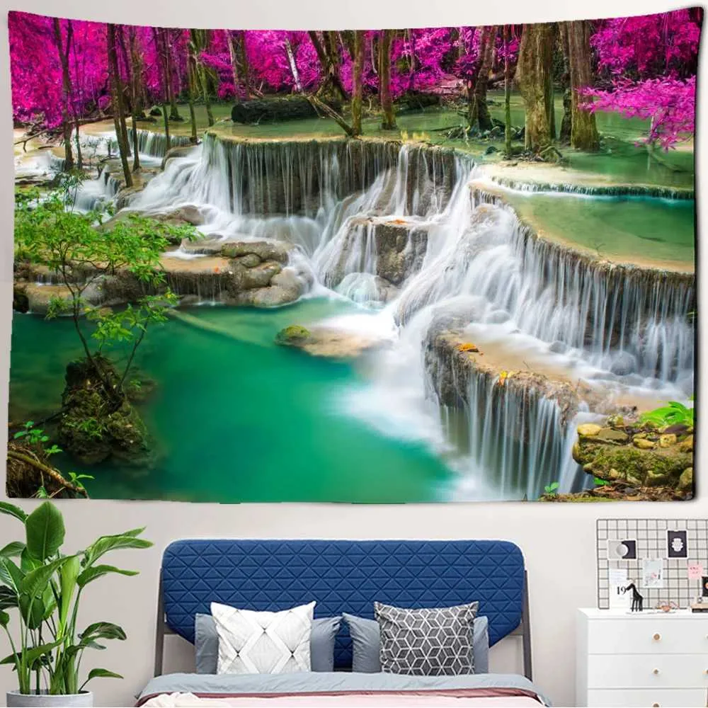 Tapices tapices arcoiris espectaculares bosque cascada paisajismo pared colgante de boho dormitorio habitación estética decoración del hogar R0411