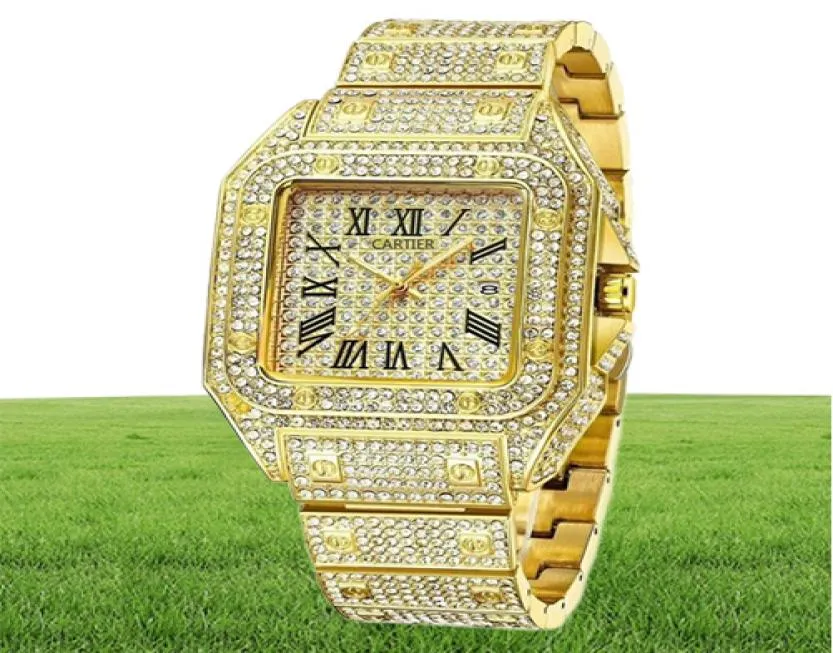 Men de surveillance Top Marque Famme Design Iced Out Watch Gold Diamond Watch for Men Square Quartz Affiche de bracelet imperméable Relogo masculin5986201