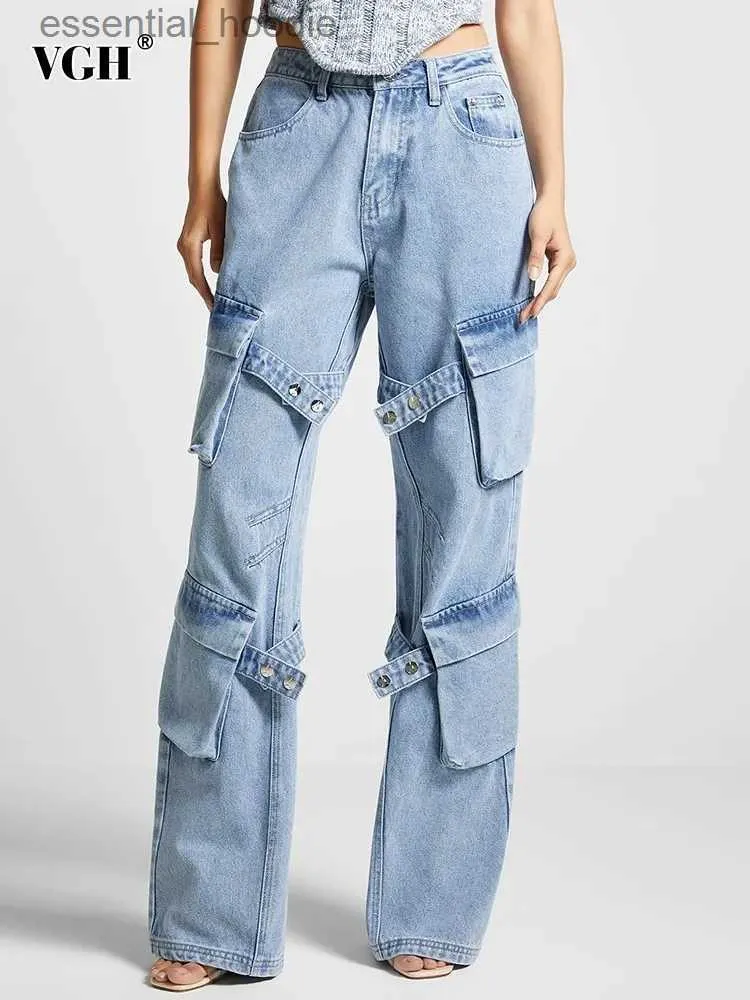الجينز للسيدات VGH Patchwork Pockets Wear Wear Jeans Straight Womens High Weist Butric Button Disual Disual Pants Fe