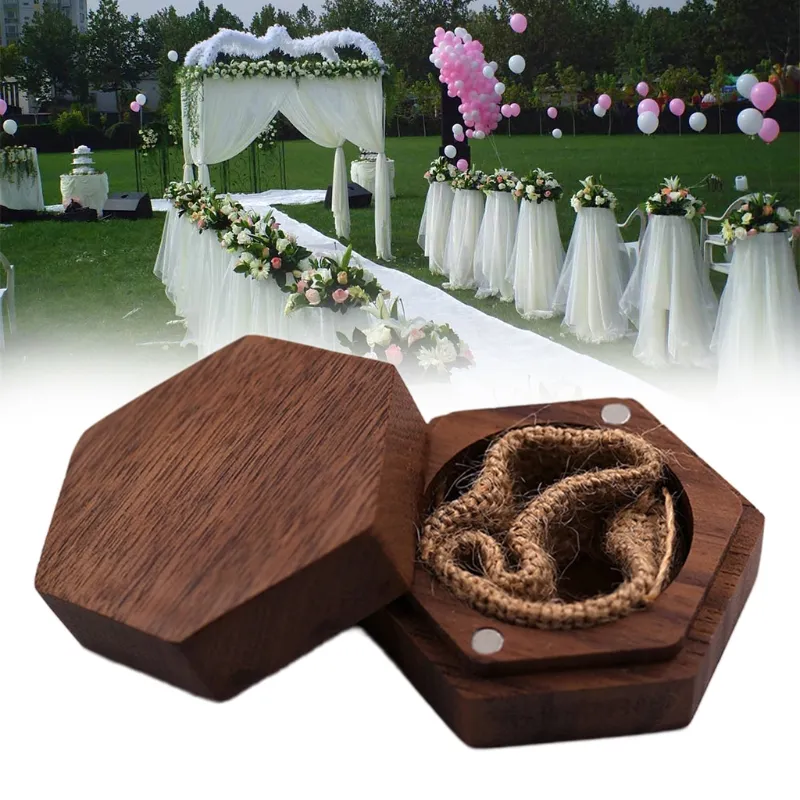 Wedding Ring Box Walnut Pair Ring Opslag Verpakking Geschenkdoos Zhexagon-vormige houten doos oorbuien oorbellen sieradendoos