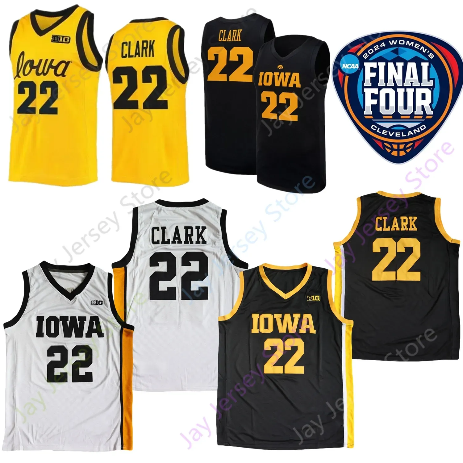 2024 Final Four Jerseys 4 Women College Basketball Iowa Hawkeyes 22 Caitlin Clark Jersey NCAA Black Yellow White Men Youth All Ed