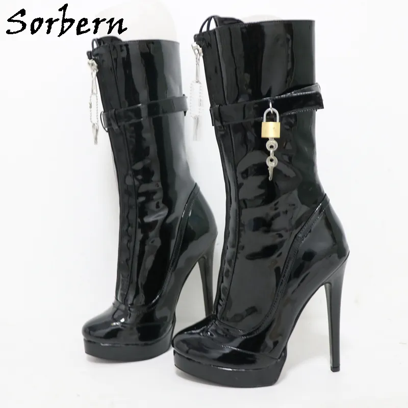 Sorbern Unisexe High Ankle Boots STACHES FEMMES avec serrures Plate-forme visible Talons hauts de 25 cm Hauteur d'arbre Lockable Boot à fermeture éclair avant verrouillable