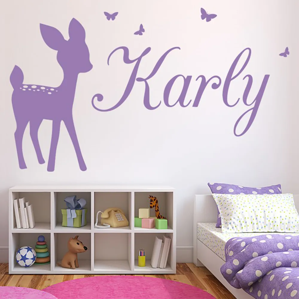 Entschlüsseltes Kinderzimmer Kindergarten Hintergrund Wand Vinyl Wohnkultur Personalisierter Name Bambi Wandaufkleber Aufkleber Aufkleber Aufkleber DZ-49