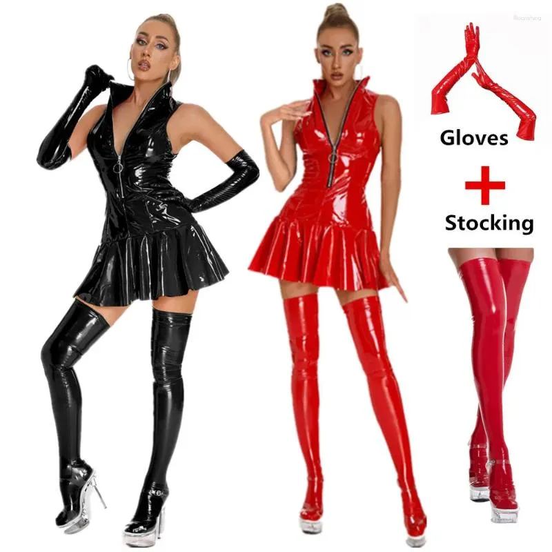 Casual Dresses Wetlook Leather Dress Plus Size Women Sexig Shiny Pvc Latex Mini Kjol med handskar och strumpa Pole Dance Raves Party Outfit