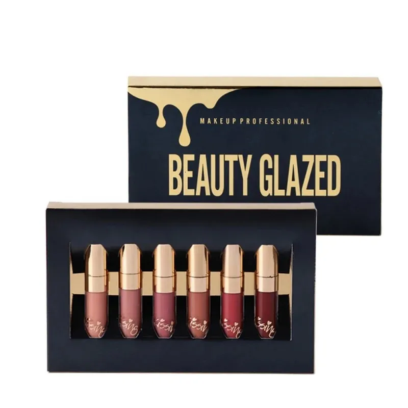 Beleza envidraçada 6pcsset líquido líquido líquido brilho labial maquiagem fosty kit sexy cosméticos duradouros maquiagem 240410