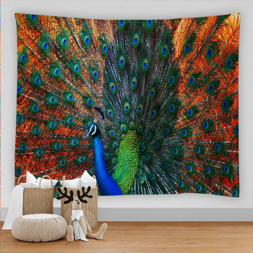 Tapiz de pavo real Colores vibrantes Plumas Tapiz de pájaros Bohemio Hippie Tapestry Pared colgante para la sala de estar Decoración del dormitorio del dormitorio