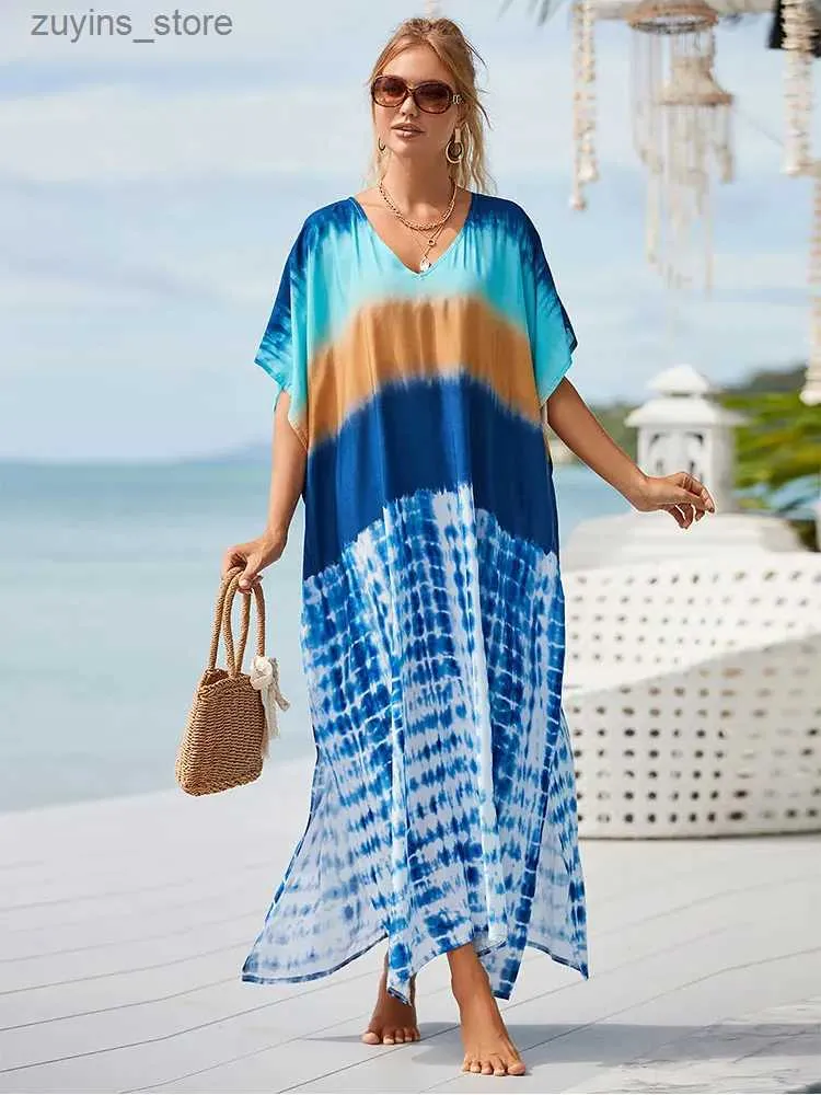 Basis Casual jurken Casual blauwe print Strandkleding Cover Up 2024 Zomer Women kleding sexy v nek batwing mouw sarongs kaftan maxi jurken Q1476 l49