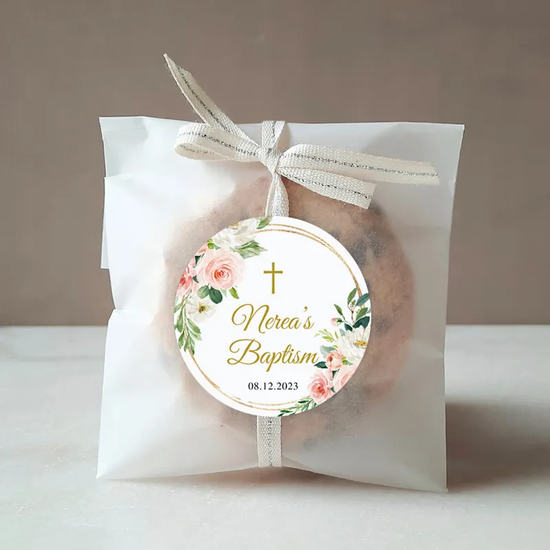 Baptême personnalisé Stickers Stickers, blush rose floral, autocollants, 1,5 ~ 3 pouces étiquettes roundes pour l'anniversaire, fête de douche