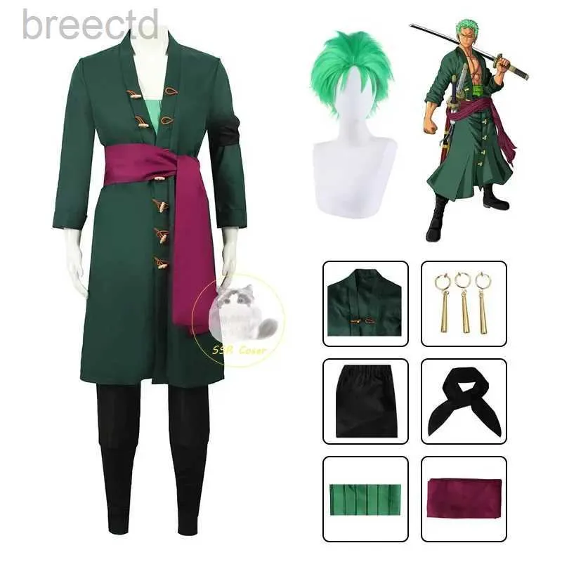 Anime Costumes Anime Roronoa Zoro Cosplay Costplay Uniform Green Plat Pasp Pants Głowa Szalik Roronoa Zoro Pergowe Kolki Halloween Men Ubrania 240411