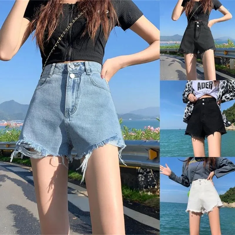 Shorts femininos Mulheres Mulheres Vintage A angustiado de cintura alta jeans Girls casuais bainha rasgou a perna larga de verão A-line Short com bolsos