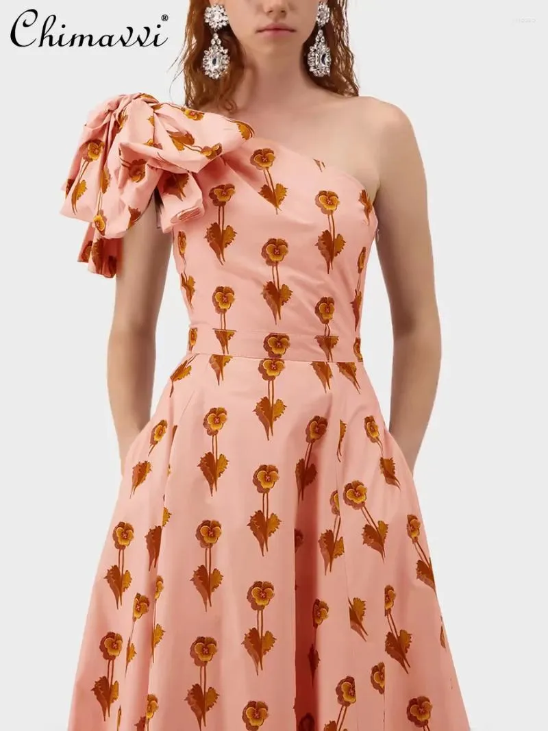 Casual Dresses Oblique Shoulder Sexy Elegant Long Dress Summer Fashion Bowknot Pink Printed High Waist Slim Vacation Women's