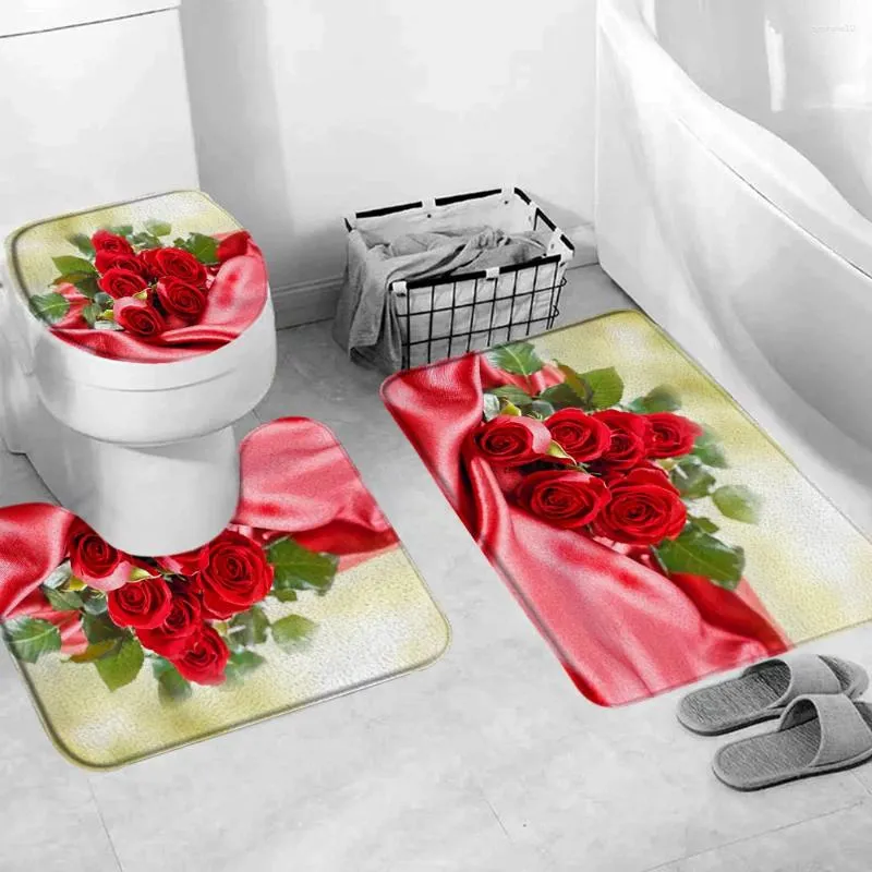 Bath Mats Red Rose Flower Mat Set Fresh Florals Fields And Garden Plant Non-slip Toilet Lid Foot Rug Floor Bathroom Accessory