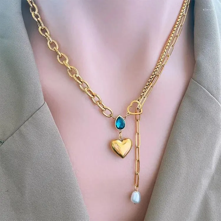 Kedjor 2024 Blue Water Drop Zircon Heart Necklace Pendant Pearl Tassel Clavicle T-Shirt Chain Female Titanium Steellocket Exqui