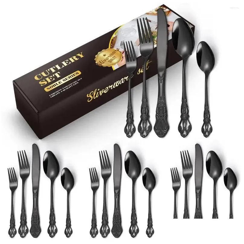 Conjuntos de utensílios de jantar 20pcs kit de talheres de alívio retrô de aço inoxidável para presentes de Natal Drop Drop Home Garden Kitchen Kining Bar Otjgn