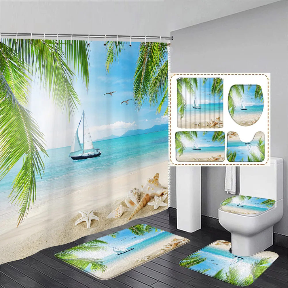 Ocean Beach Shower Curtain Set Seaside Coconut Tree Hawaiian Nature Scenery Badrum Dekor Icke-halksmattan Badmattor Toalettskydd