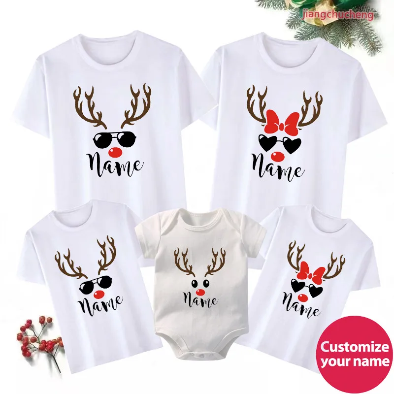 Reindeer Christmas Shirts Custom Name Family Matching Christmas T-Shirt Personalized Holiday Xmas New Year's Family Look Outfits