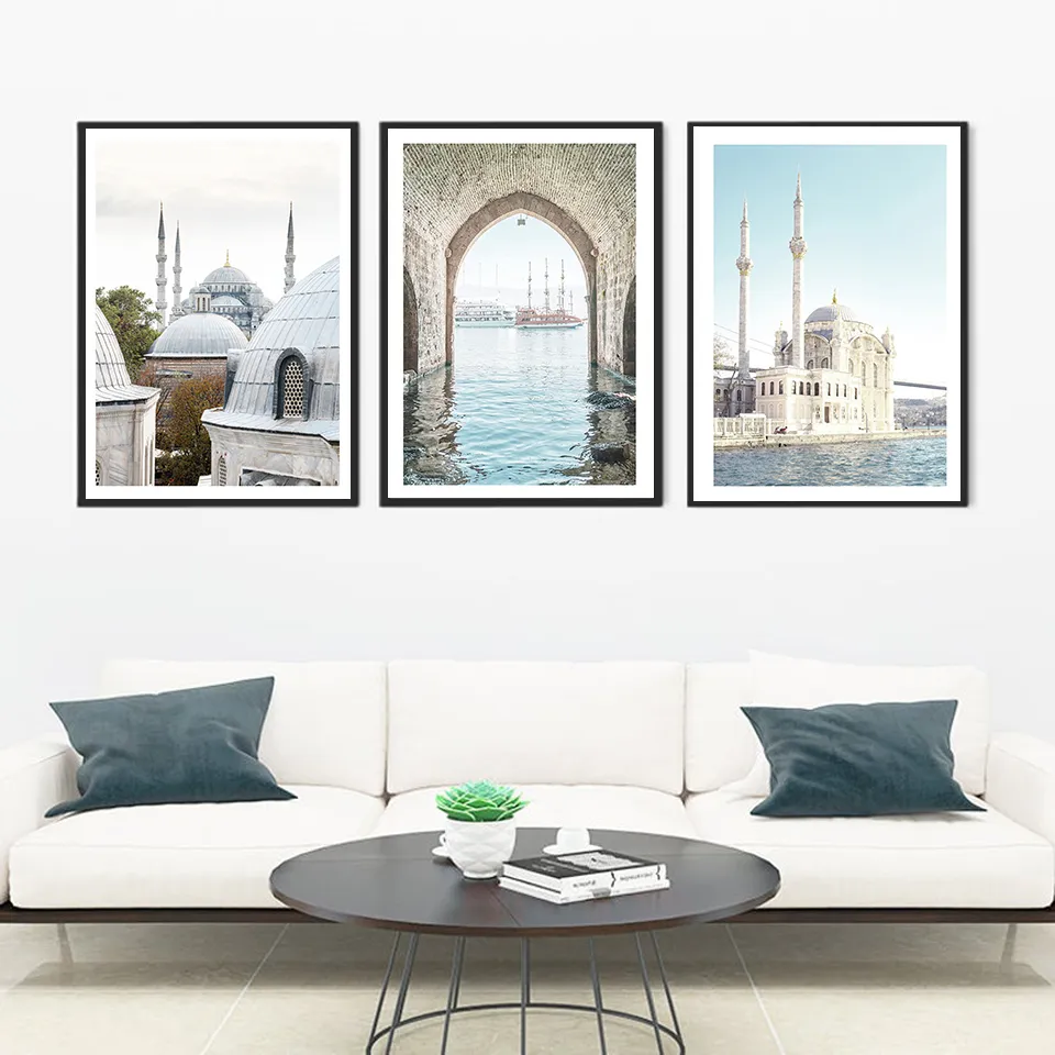 Istanbul Turkey Maiden's Tower Poster Ortakoy Mosque Sunrise Landscape Canvas Painting and Prints Wall Art Picture Bedroom Decor