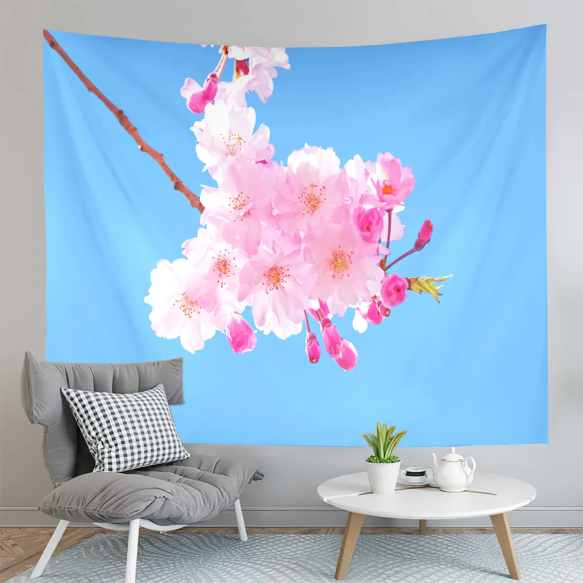 Japon Tokyo Cherry Blossoms Tapestry Blue Sky Flowers Pink Flowers Tapestry Art Mur suspendu Maison Salon Camor