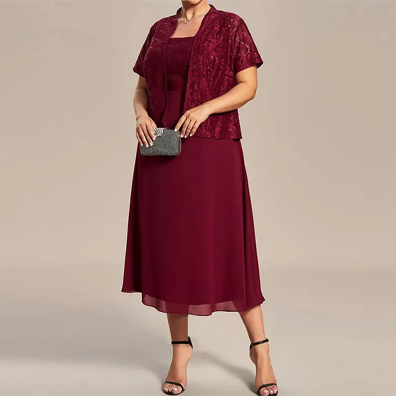 mother of the bride dresses tea length burgundy Tea Length Mother of the Bride Dress Lace Bridesmaid Dresses FD1290 –  Viniodress main image 0