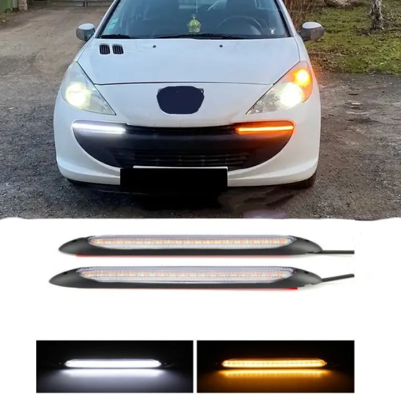 2PCS Car LED Daytime Running Lights 12V Waterproof LED Strip Streamer Turn Decorative Headlight Yellow White Day Signal Light